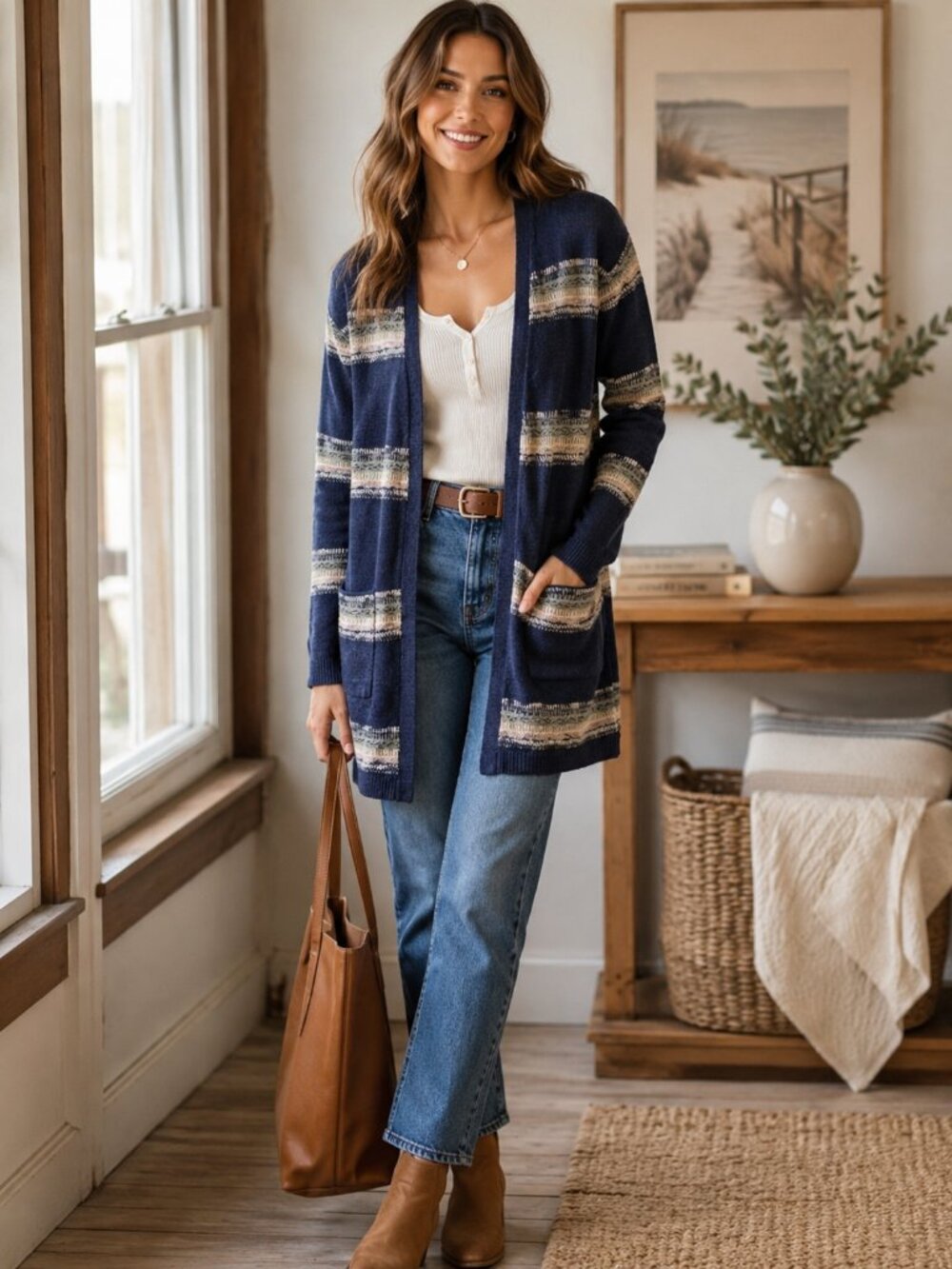 100% Cotton Eddie Bauer Navy Striped Open-Front Striped Cardigan